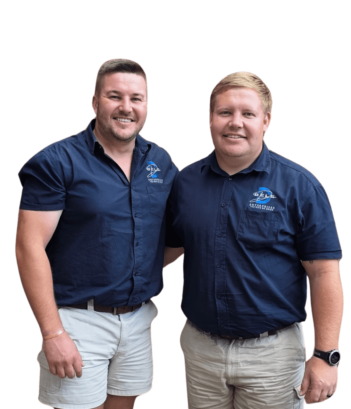 Vleis and Ejnar, co-founders of Dele Enterprises, standing together in branded Dele uniform